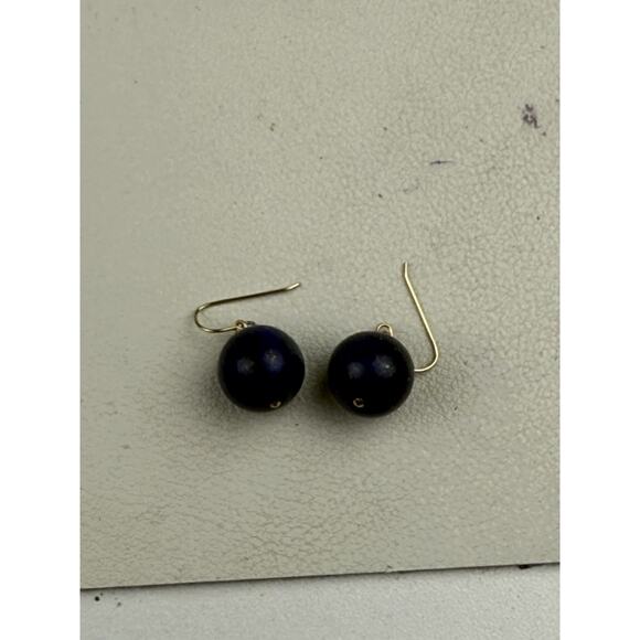 CU 14K Yellow Gold Hook Pierced Earrings Lapis Lazuli Round Drop Stone - Picture 5 of 10